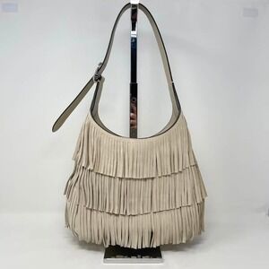 Kate Spade 454 Suede Fringe Small Shoulder Bag Light Sand Gray Beige Boho